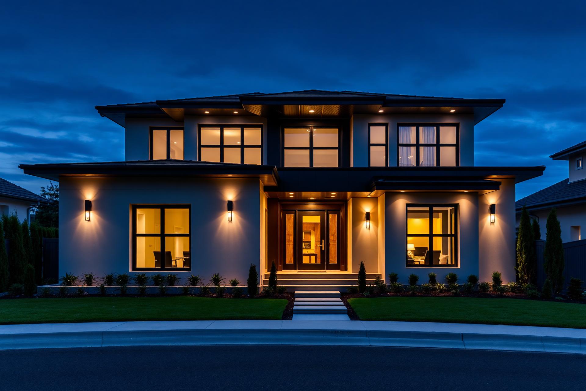 Modern new-construction home illuminated at dusk