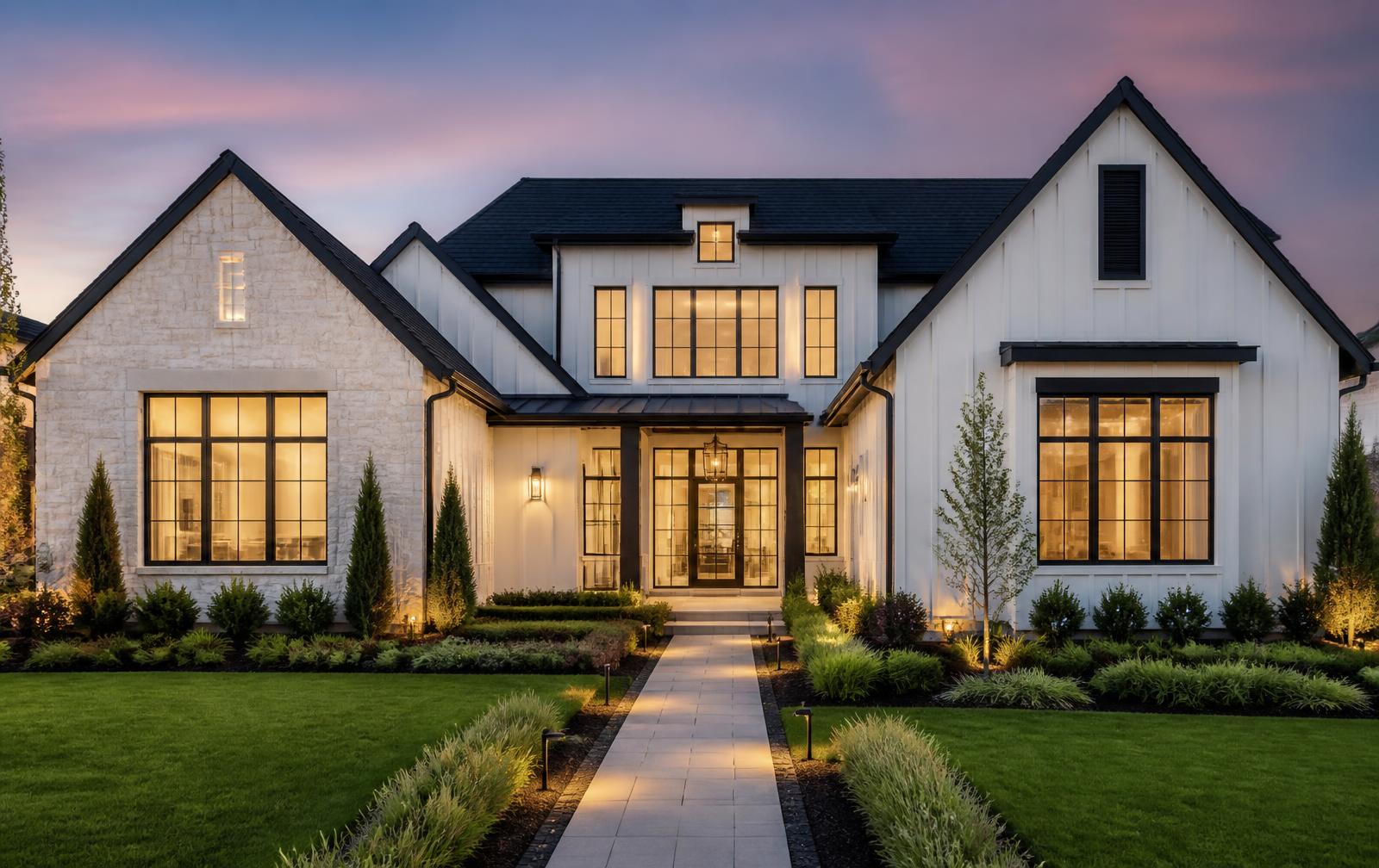 Newly built luxury home lit at dusk